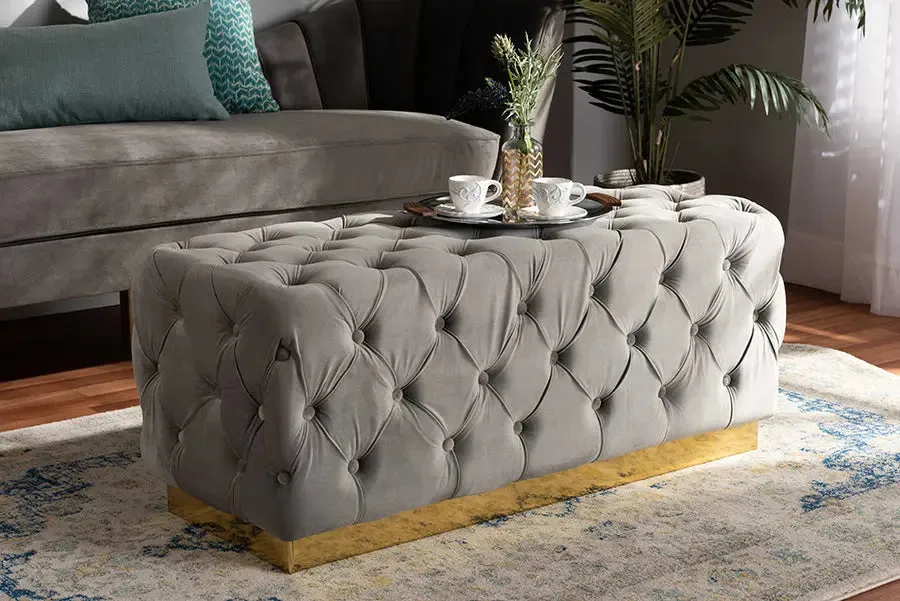 Cassandra Grey Velvet Fabric Upholstered/Gold PU Leather Ottoman