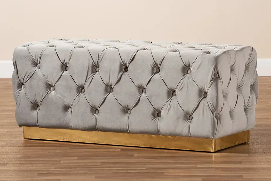 Cassandra Grey Velvet Fabric Upholstered/Gold PU Leather Ottoman