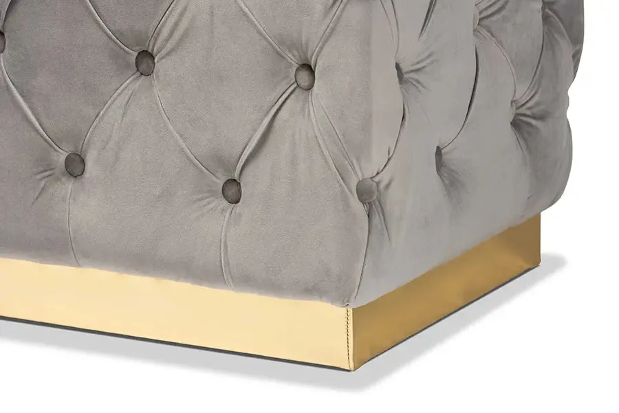 Cassandra Grey Velvet Fabric Upholstered/Gold PU Leather Ottoman