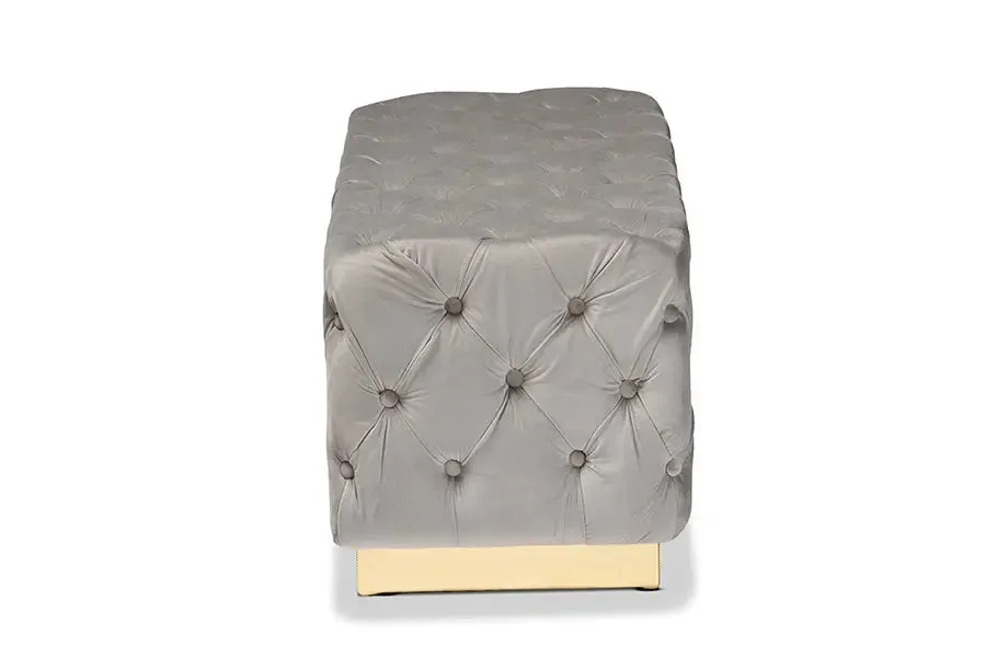 Cassandra Grey Velvet Fabric Upholstered/Gold PU Leather Ottoman