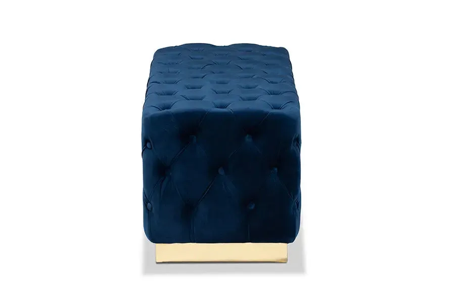 Cassandra Navy Blue Velvet Fabric Upholstered/Gold PU Leather Ottoman