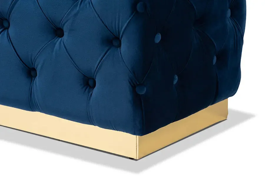 Cassandra Navy Blue Velvet Fabric Upholstered/Gold PU Leather Ottoman