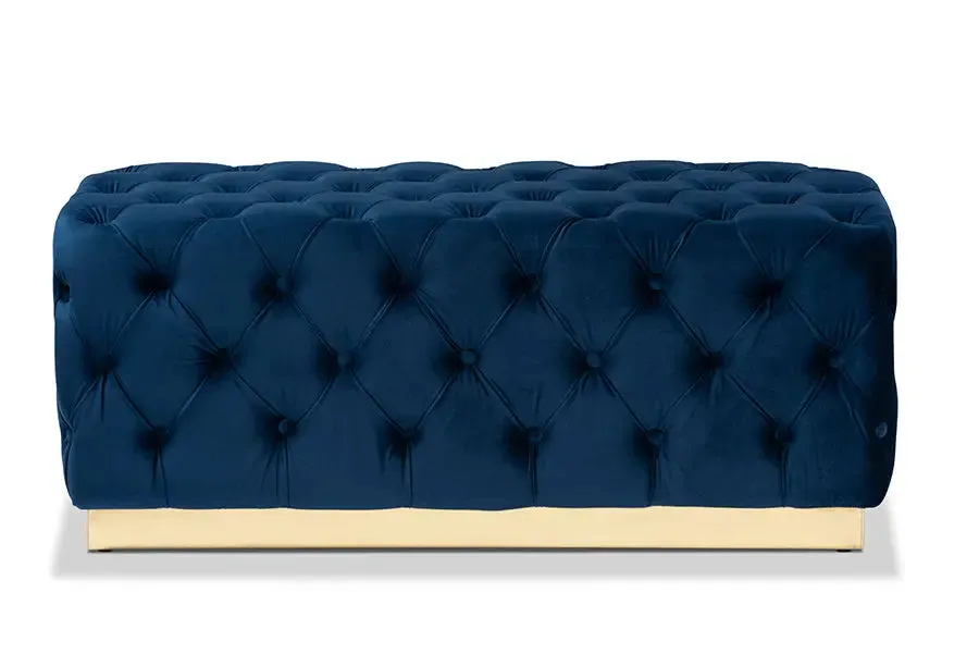 Cassandra Navy Blue Velvet Fabric Upholstered/Gold PU Leather Ottoman