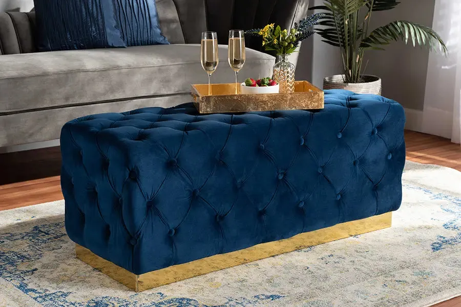 Cassandra Navy Blue Velvet Fabric Upholstered/Gold PU Leather Ottoman