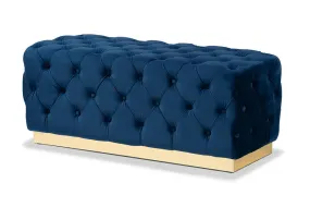 Cassandra Navy Blue Velvet Fabric Upholstered/Gold PU Leather Ottoman