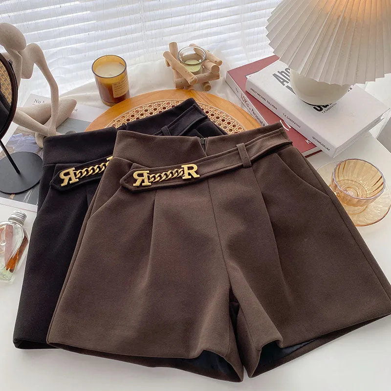 Casual Comfortable Elegant Shorts With Belt Women's Woolen Shorts