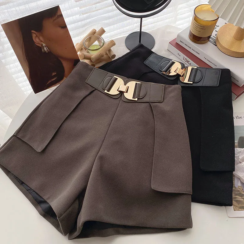 Casual Comfortable Elegant Shorts With Belt Women's Woolen Shorts