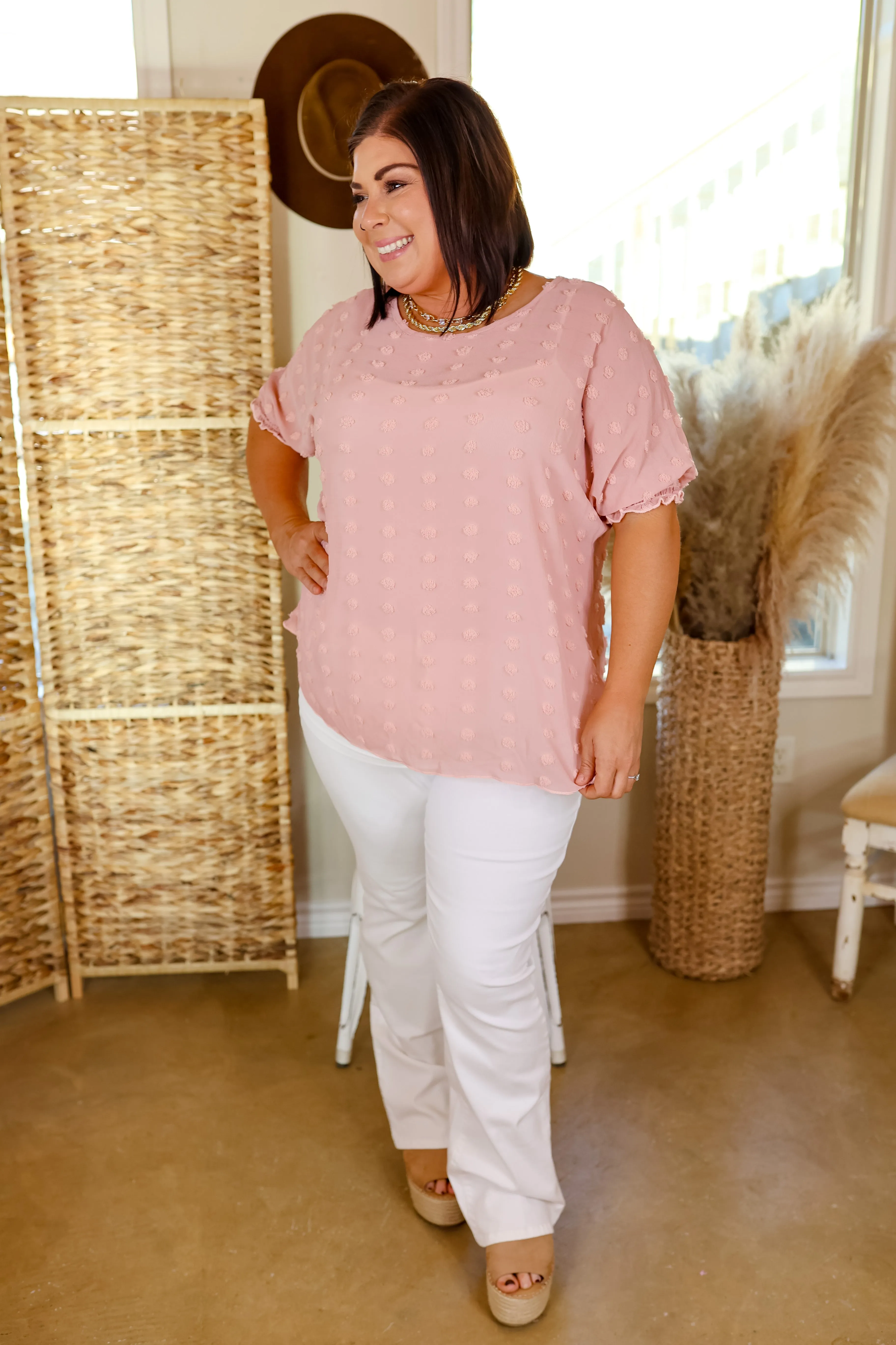 Changemaker Swiss Dot Top with Half Sleeves in Blush Pink