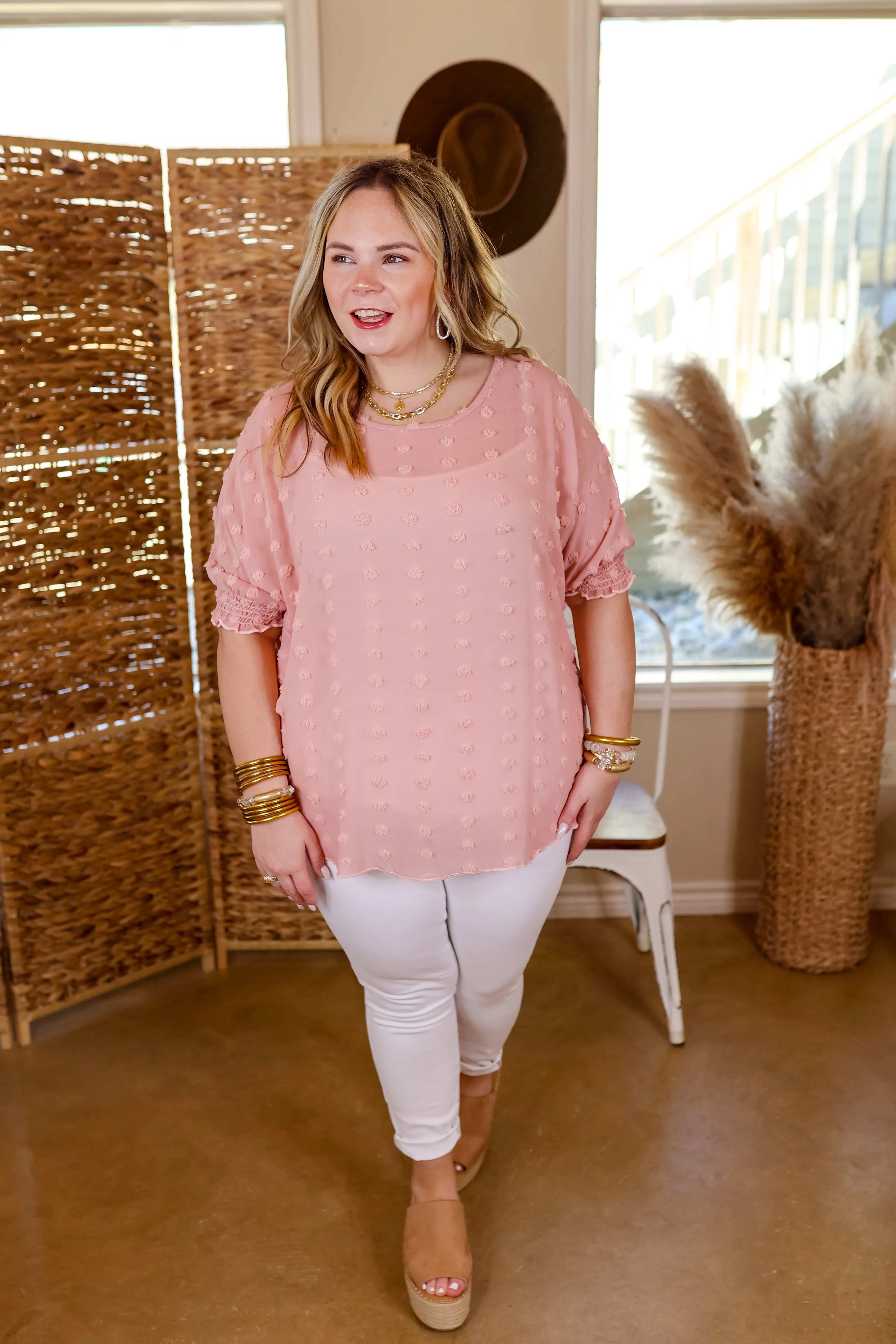 Changemaker Swiss Dot Top with Half Sleeves in Blush Pink