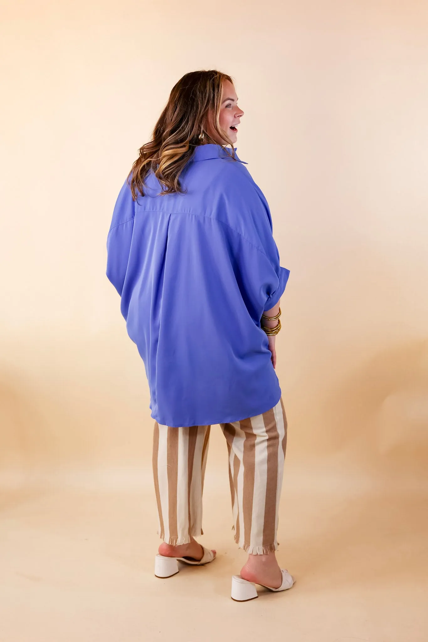 City Lifestyle Button Up Half Sleeve Poncho Top in Chambray Blue