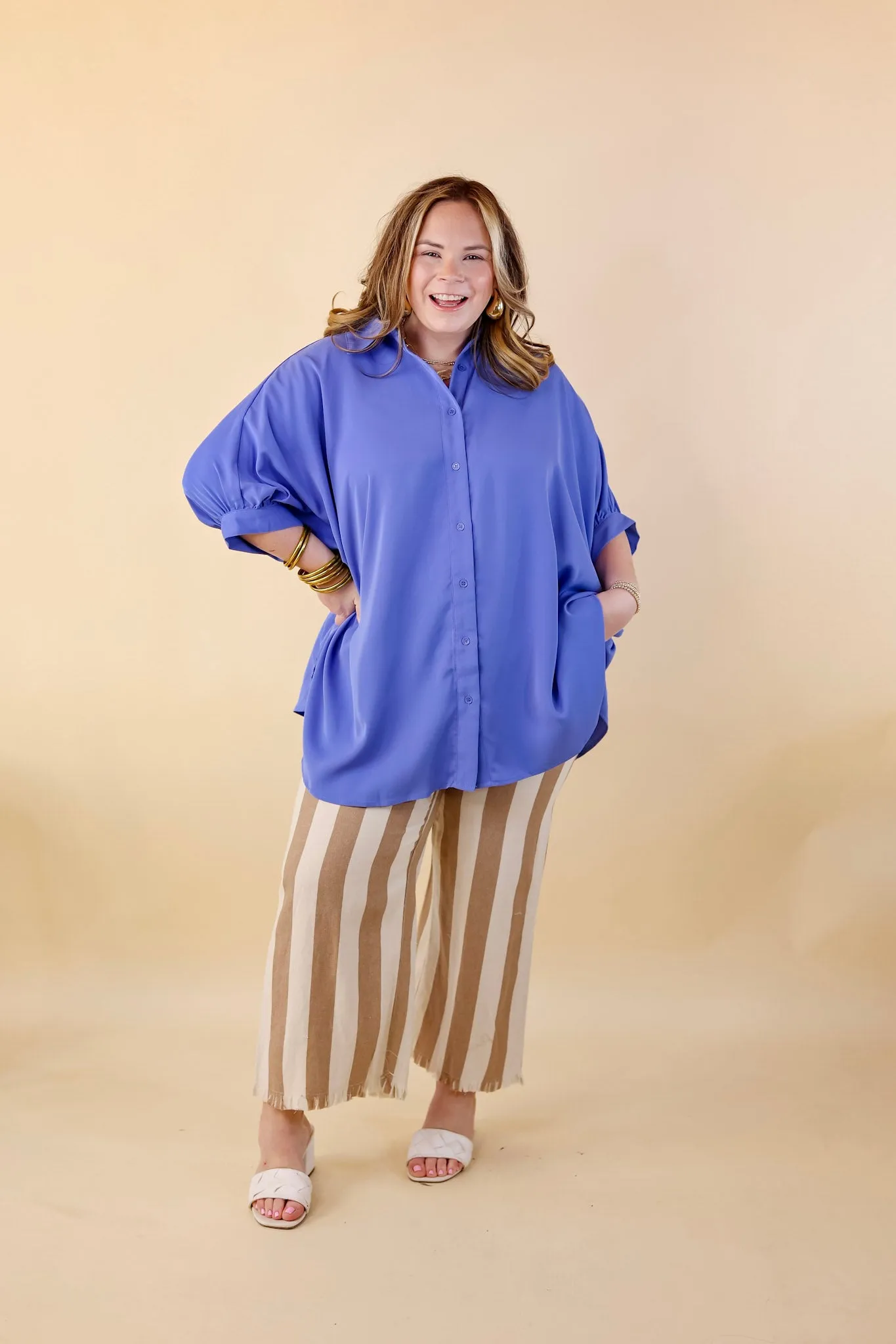 City Lifestyle Button Up Half Sleeve Poncho Top in Chambray Blue