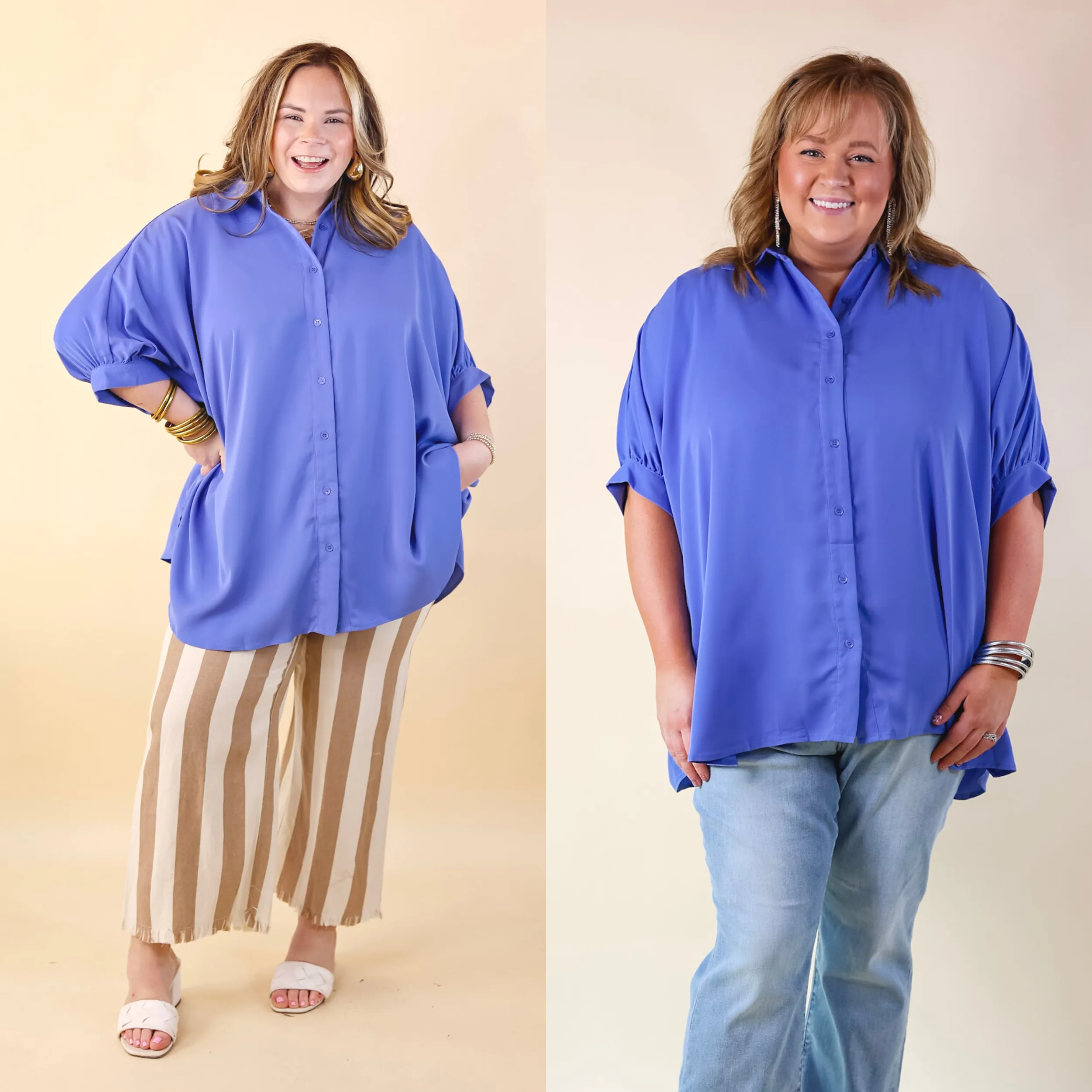 City Lifestyle Button Up Half Sleeve Poncho Top in Chambray Blue