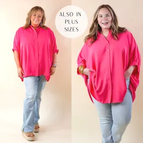 City Lifestyle Button Up Half Sleeve Poncho Top in Hot Pink