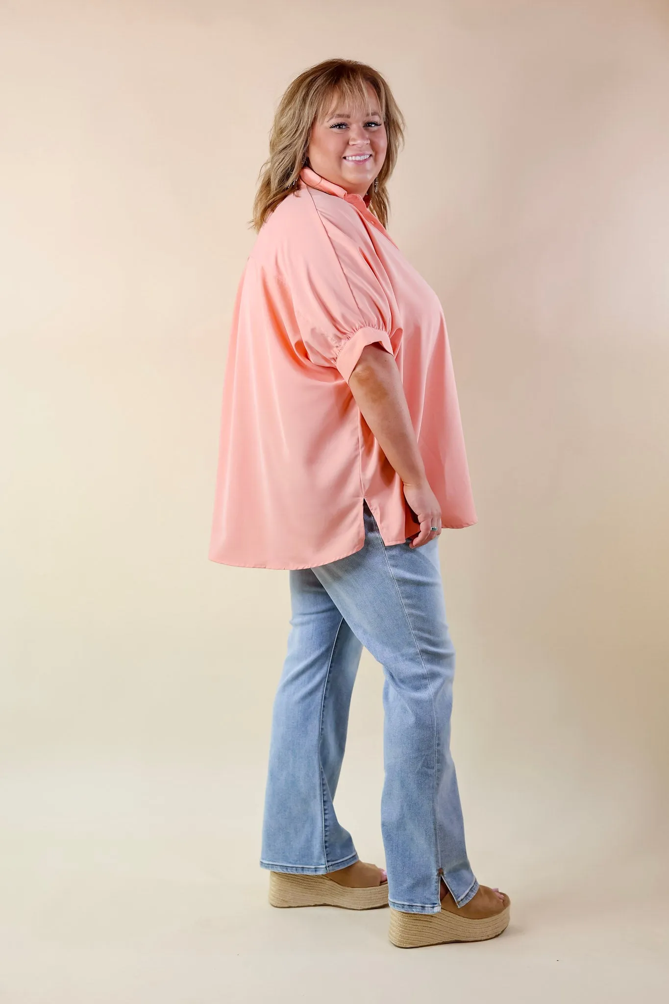 City Lifestyle Button Up Half Sleeve Poncho Top in Peach Fuzz