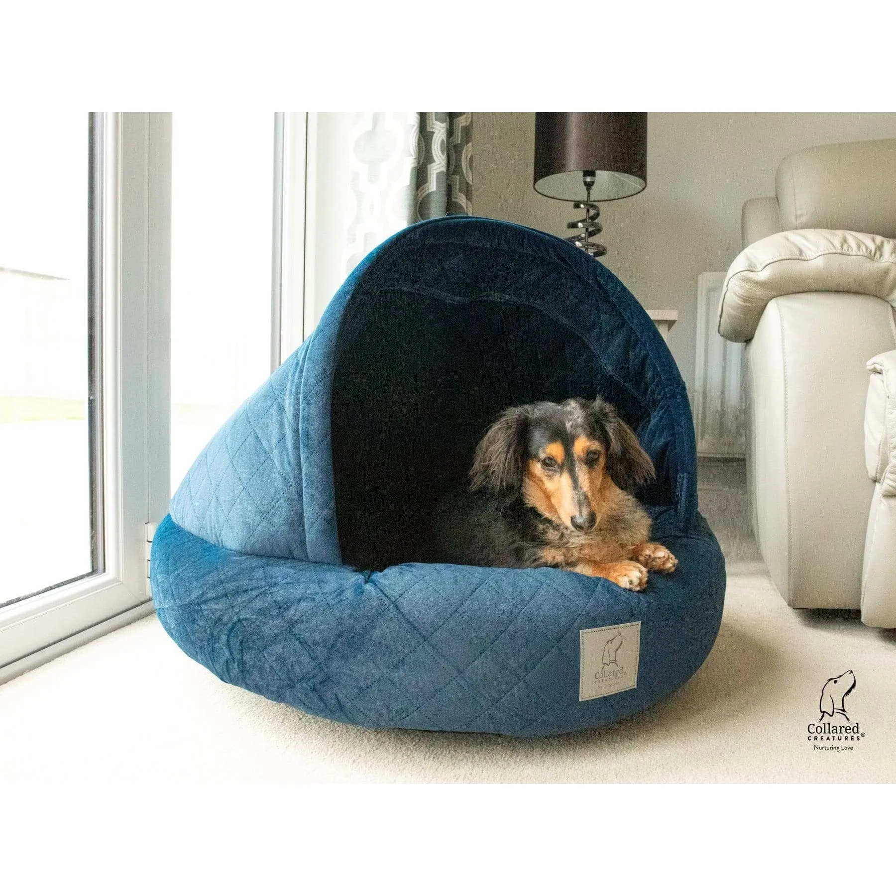 Collared Creatures Sapphire Blue Quilted Velour Deluxe Comfort Cocoon Dog Cave Bed