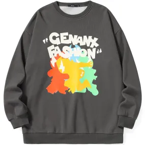 Color Block Cartoon Print Craw Neck Padded Sweatshirt