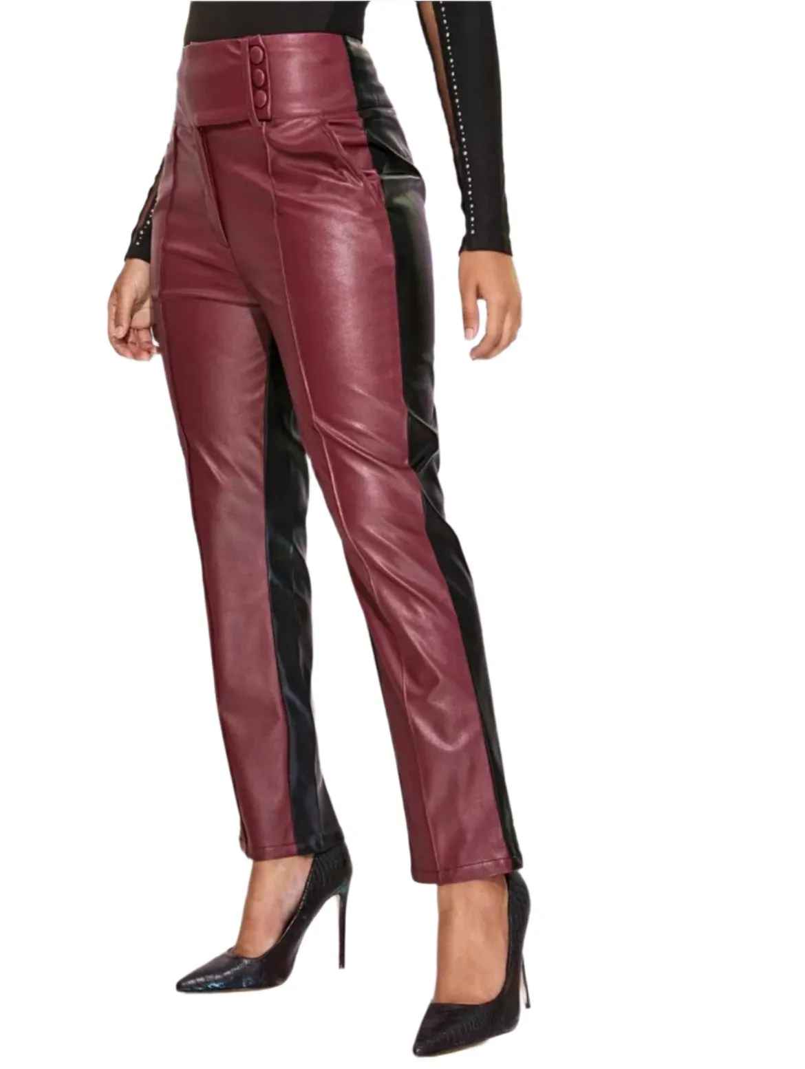 Color Block High Waist PU  Pants