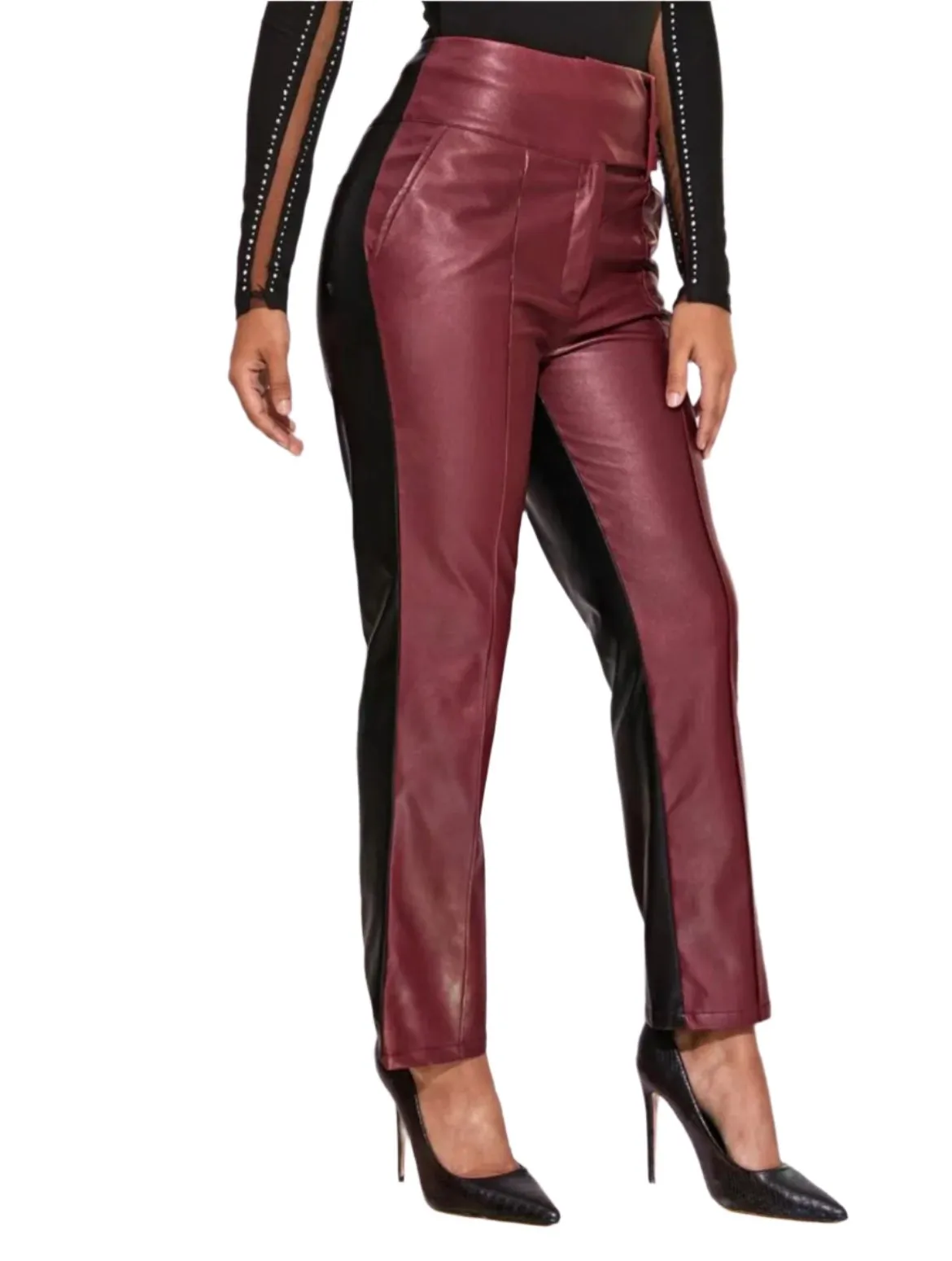 Color Block High Waist PU  Pants