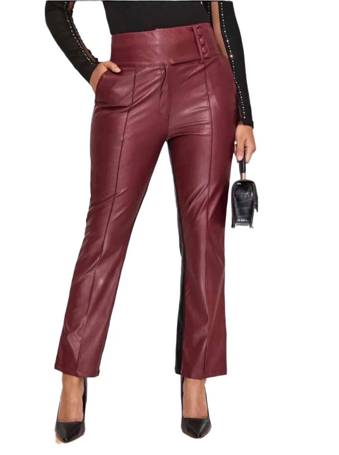 Color Block High Waist PU  Pants