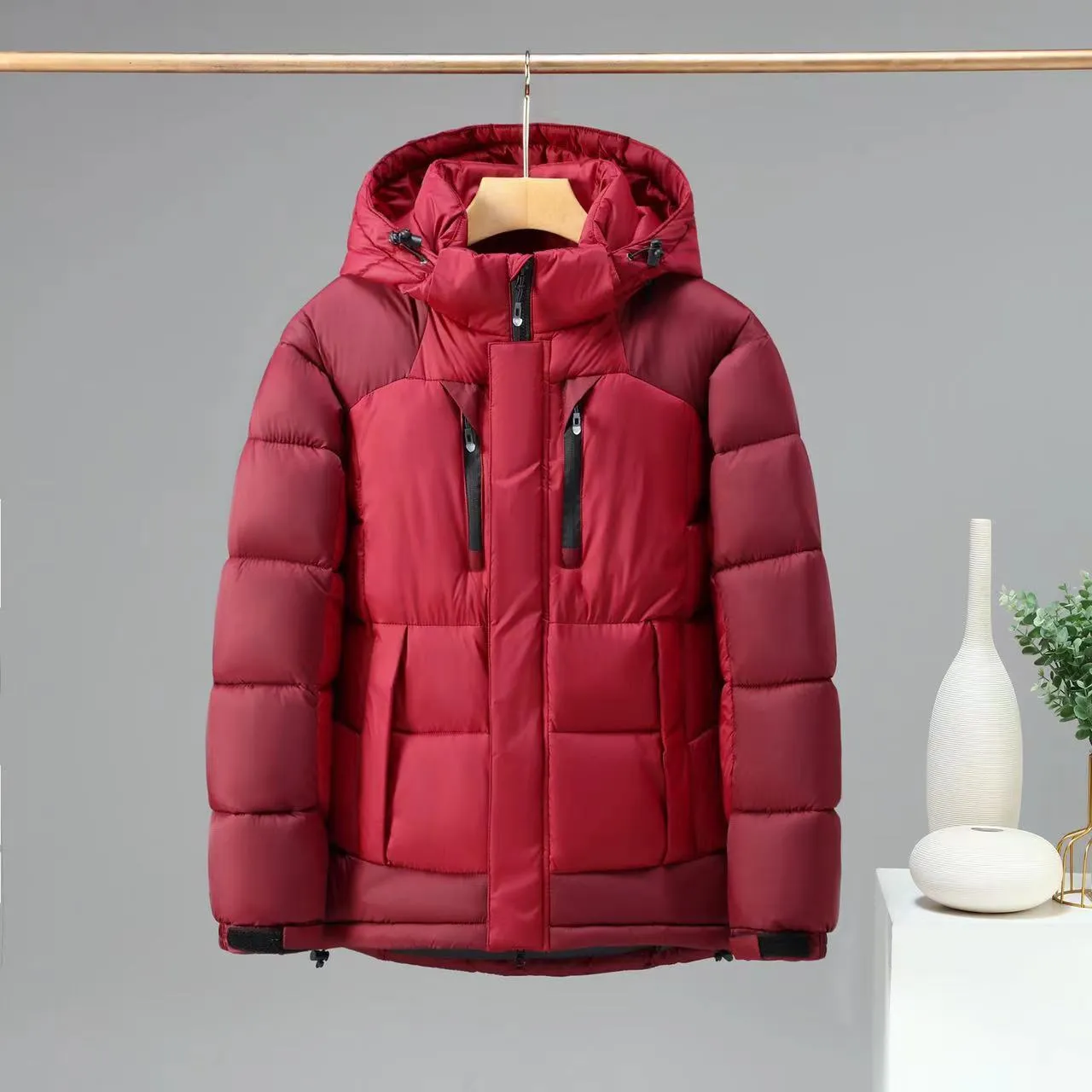 Color Block Male Puffer Jacket with Detachable Hood (3 colors)