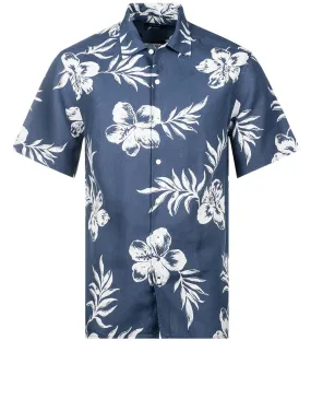 Contemporary Fit Short Sleeve Linen Floral Shirt Navy