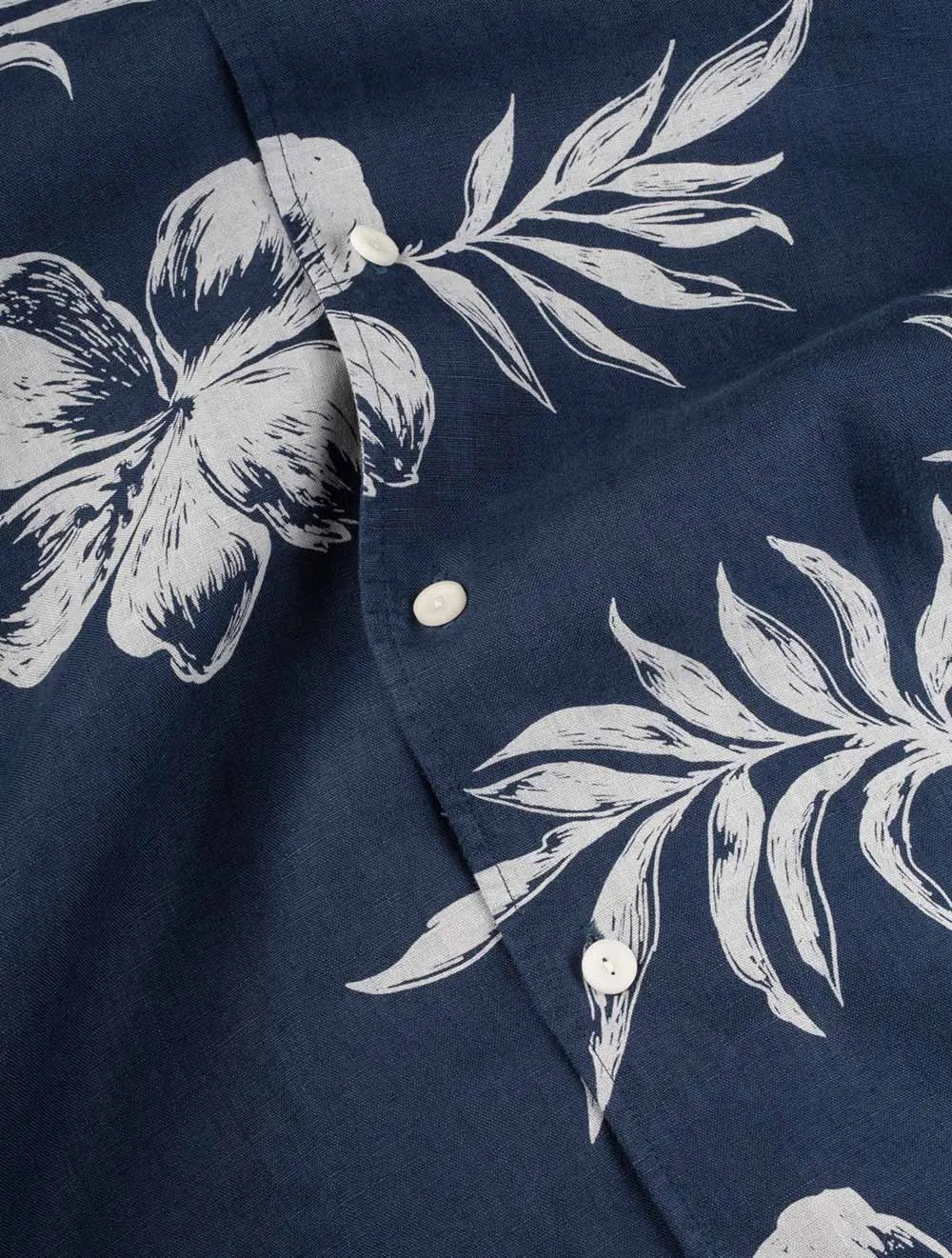 Contemporary Fit Short Sleeve Linen Floral Shirt Navy