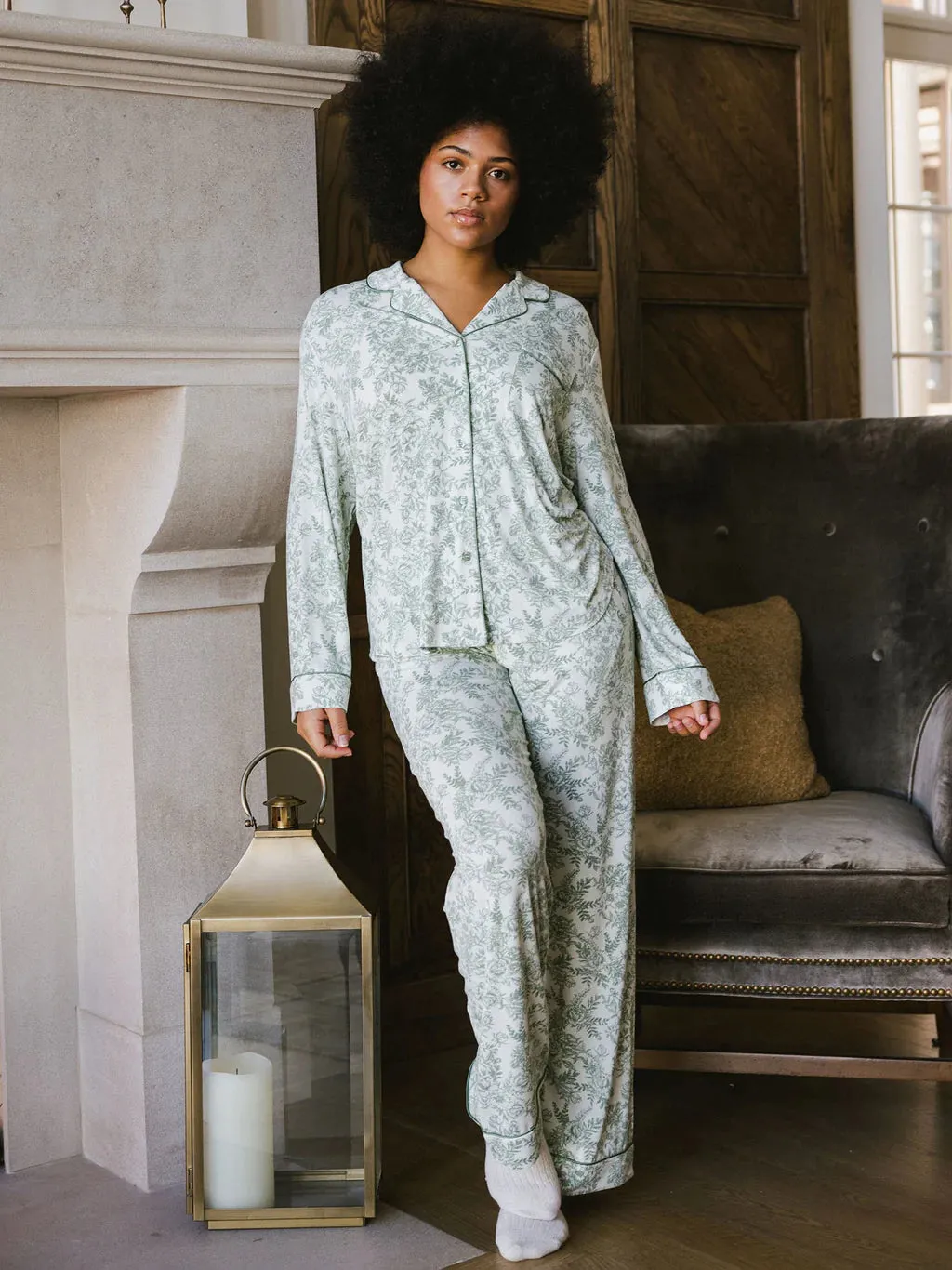 Cozy Earth Women's Bamboo Pajama Set - Celadon Toile