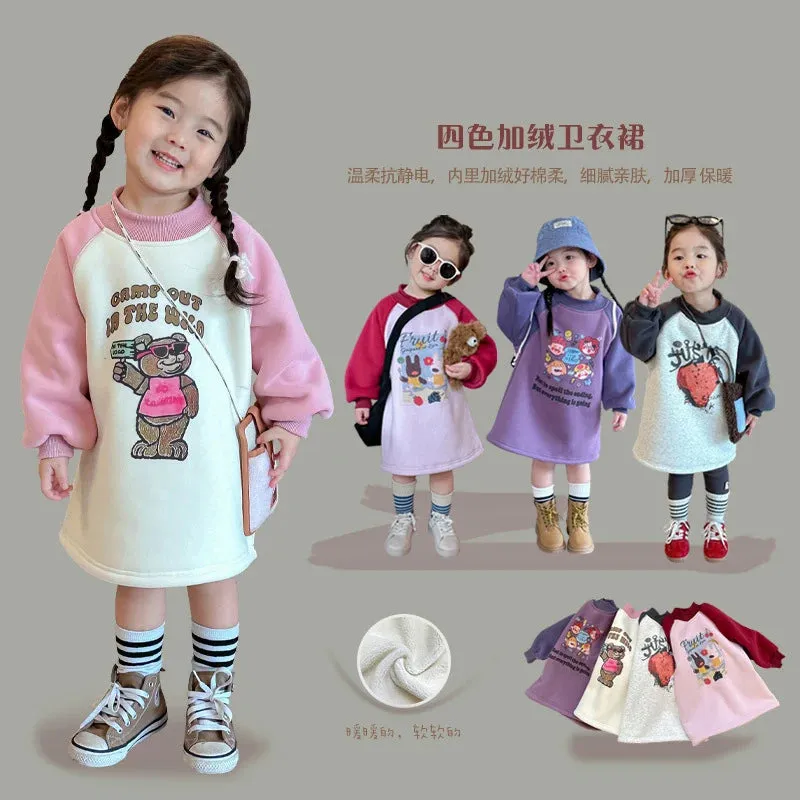 Cute Warm Kids Sweatshirt Dress Children's Pink Girls Baby Princess Dresses Fashion Leisure Padded Thick Dresses Autumn Clothing