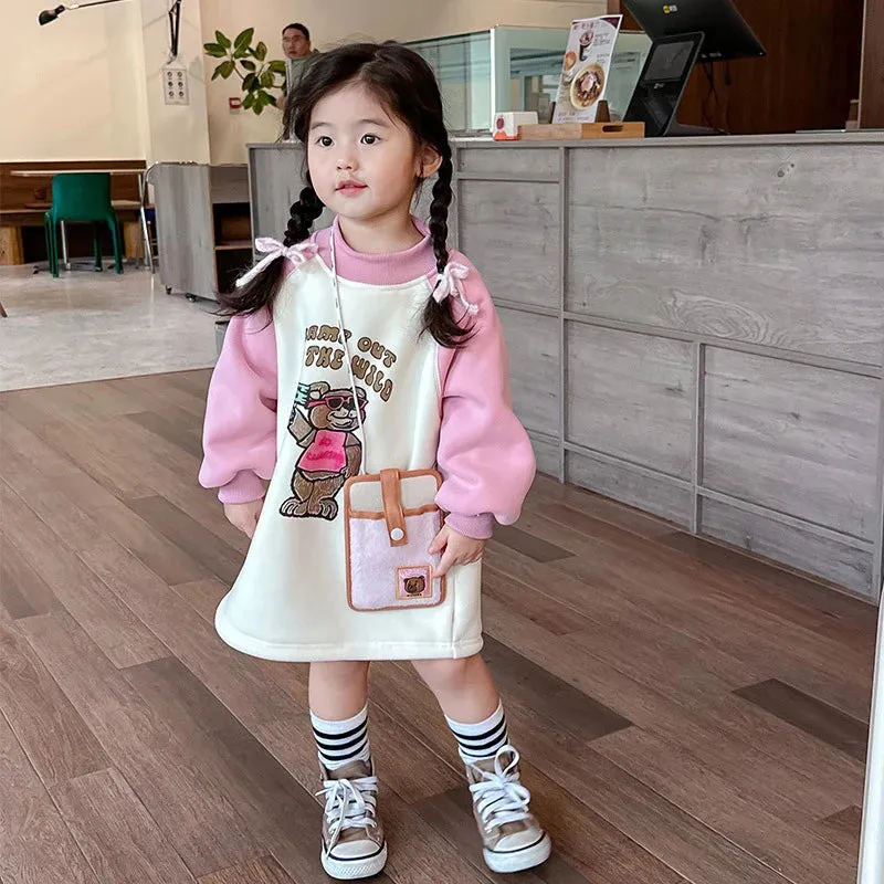 Cute Warm Kids Sweatshirt Dress Children's Pink Girls Baby Princess Dresses Fashion Leisure Padded Thick Dresses Autumn Clothing