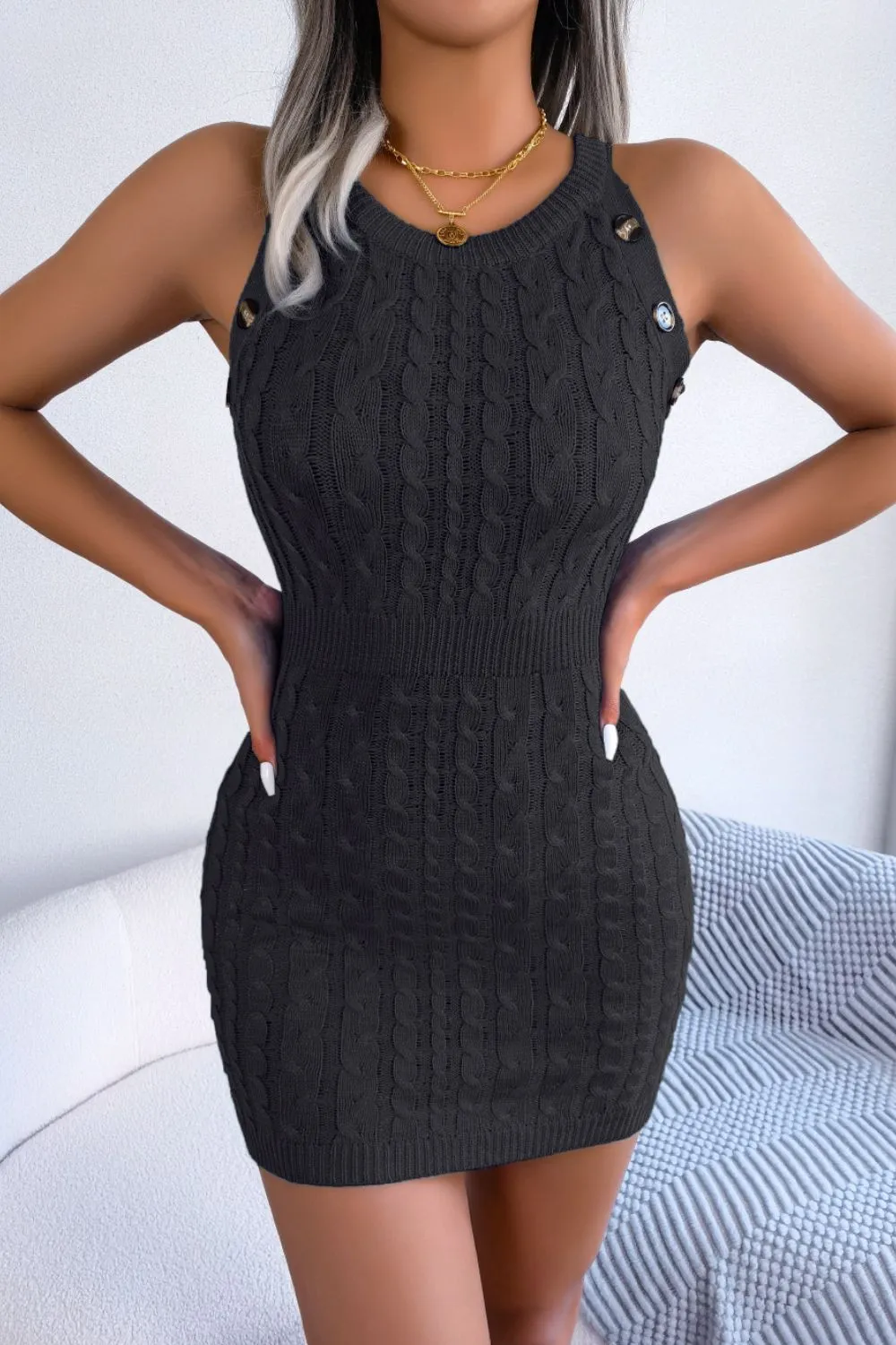 Decorative Button Sleeveless Cable-Knit Dress - 3 colors