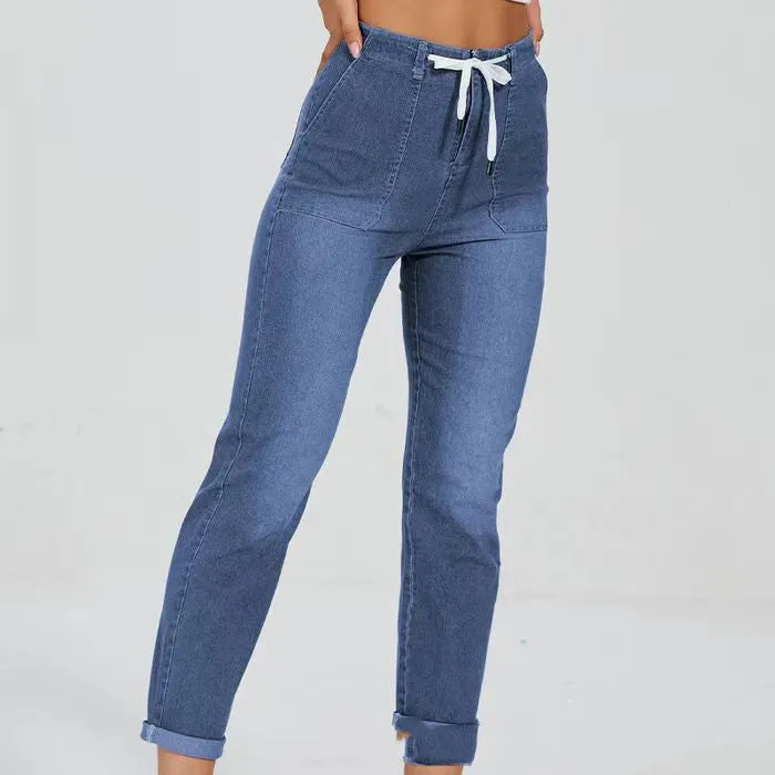 Denim Women's Pants Belt Design Elastic