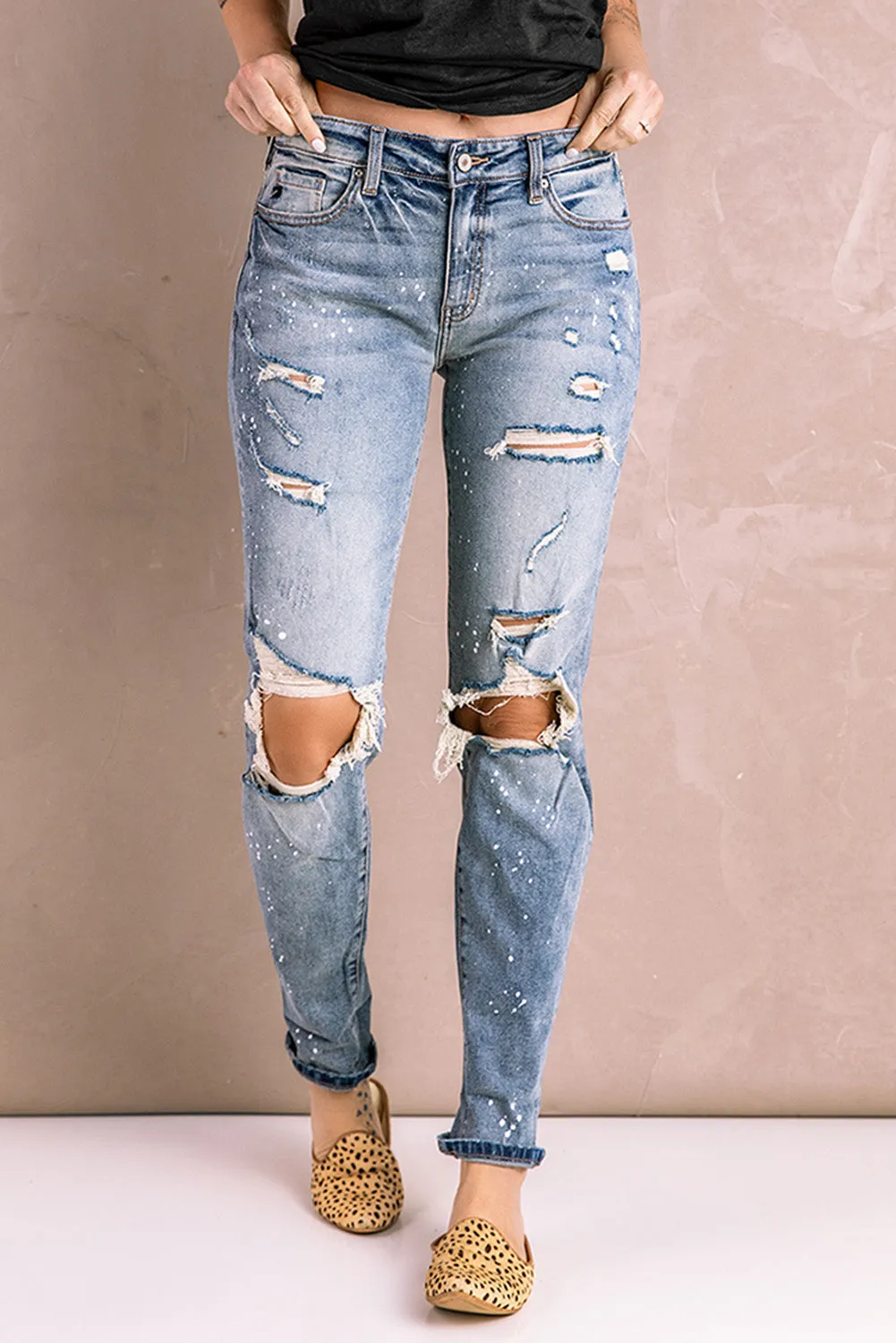 Distressed Faded Splatter Ripped Hole Denim Pants