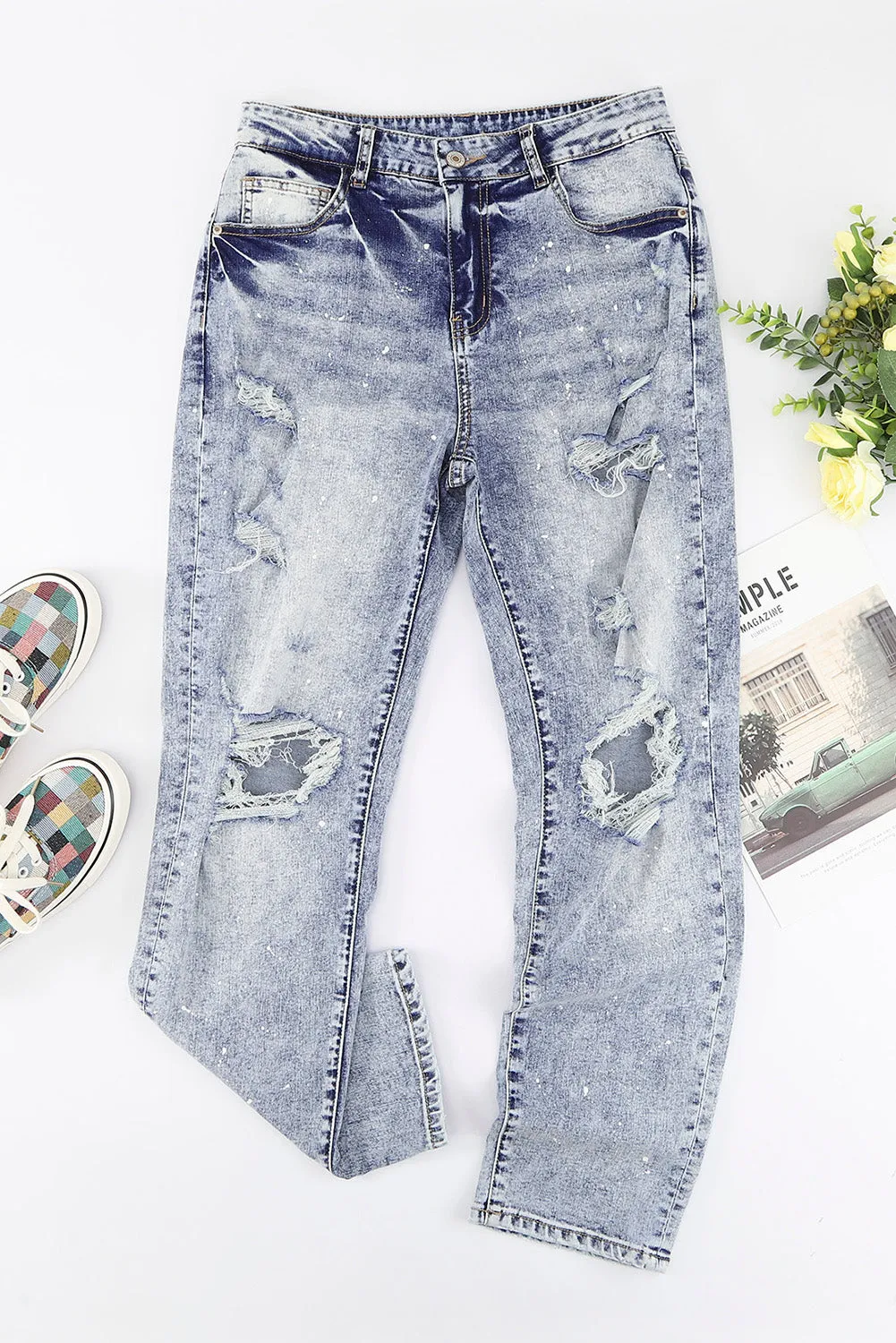 Distressed Faded Splatter Ripped Hole Denim Pants