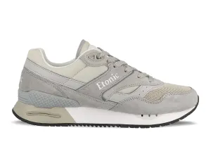 Etonic Stable Base sneakers in beige mesh fabric and grey suede with multi-layer light grey leather inserts.