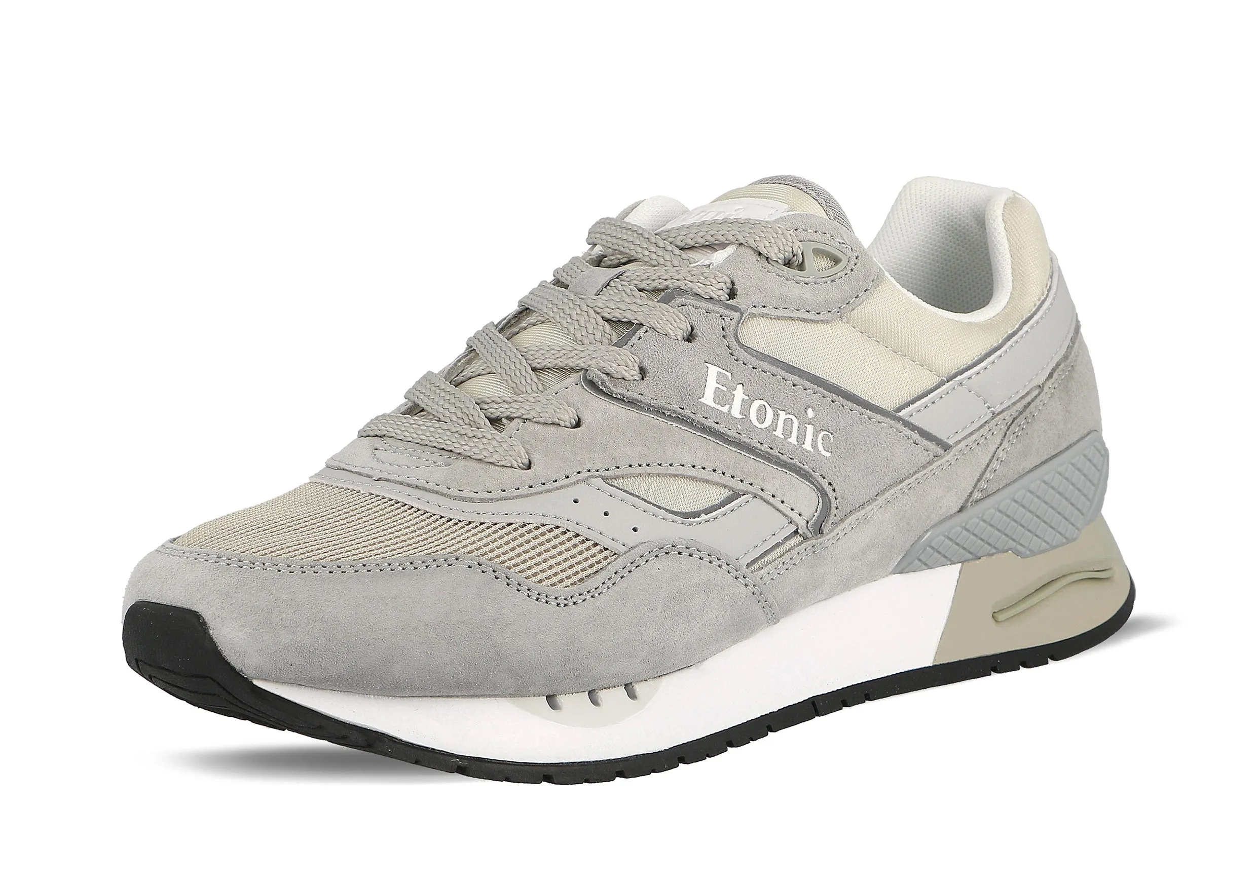 Etonic Stable Base sneakers in beige mesh fabric and grey suede with multi-layer light grey leather inserts