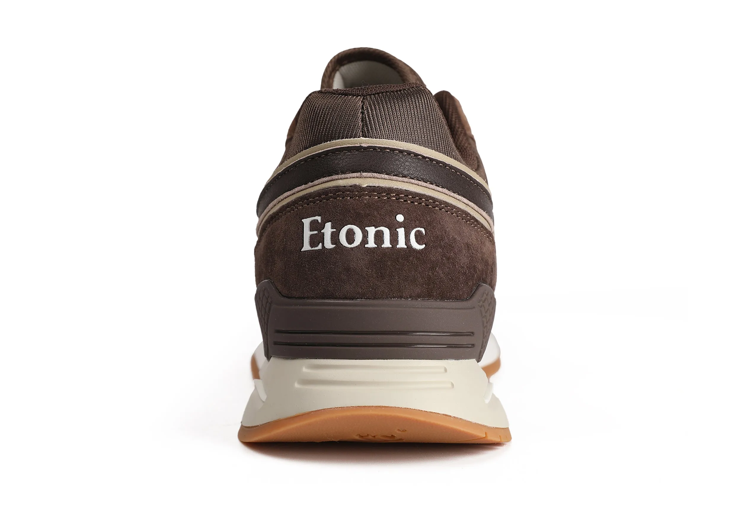 Etonic Stable Base sneakers in brown mesh fabric, brown suede with multi-layer brown leather inserts, off white midsole and light honey bottom outsole.