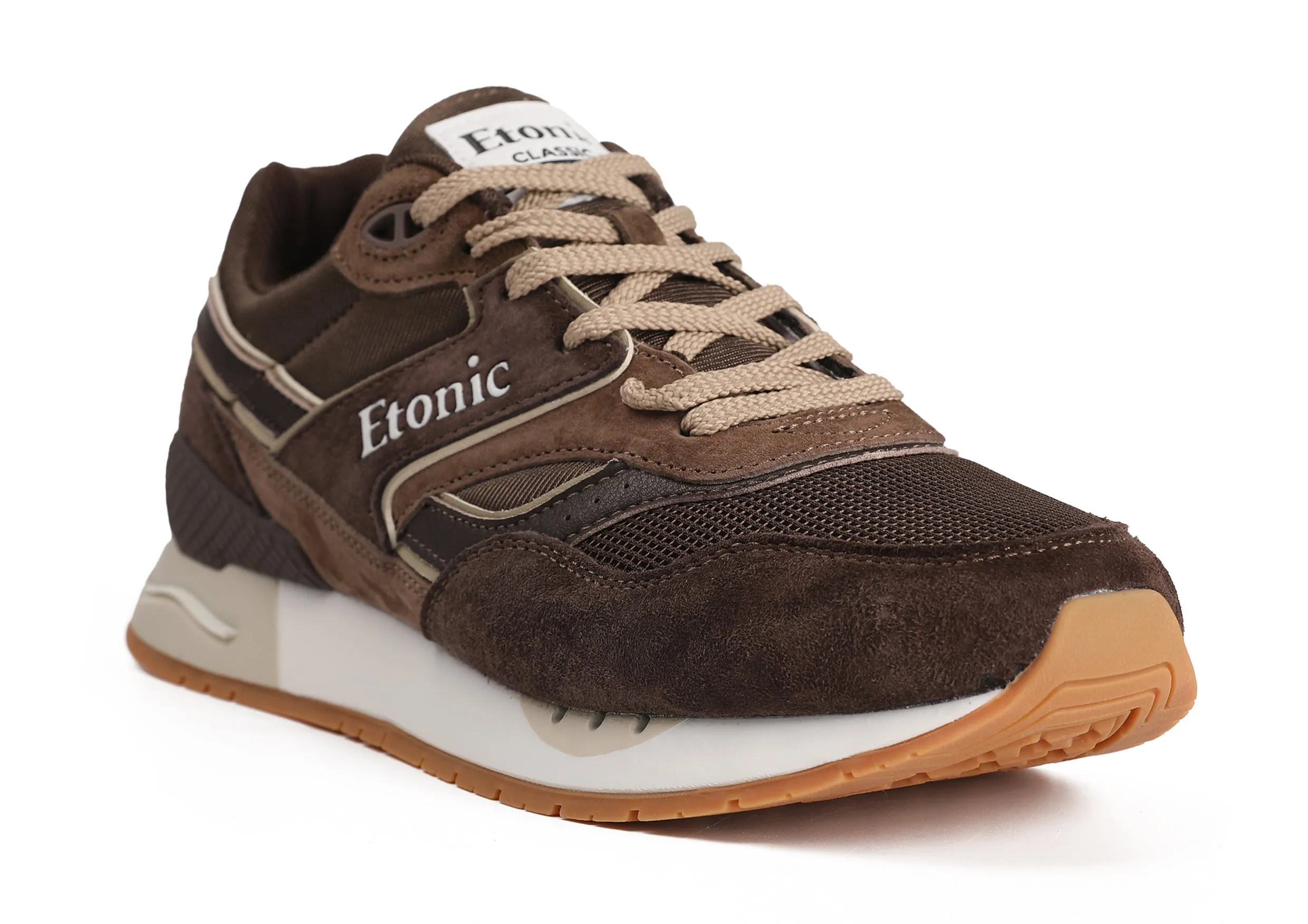 Etonic Stable Base sneakers in brown mesh fabric, brown suede with multi-layer brown leather inserts, off white midsole and light honey bottom outsole.