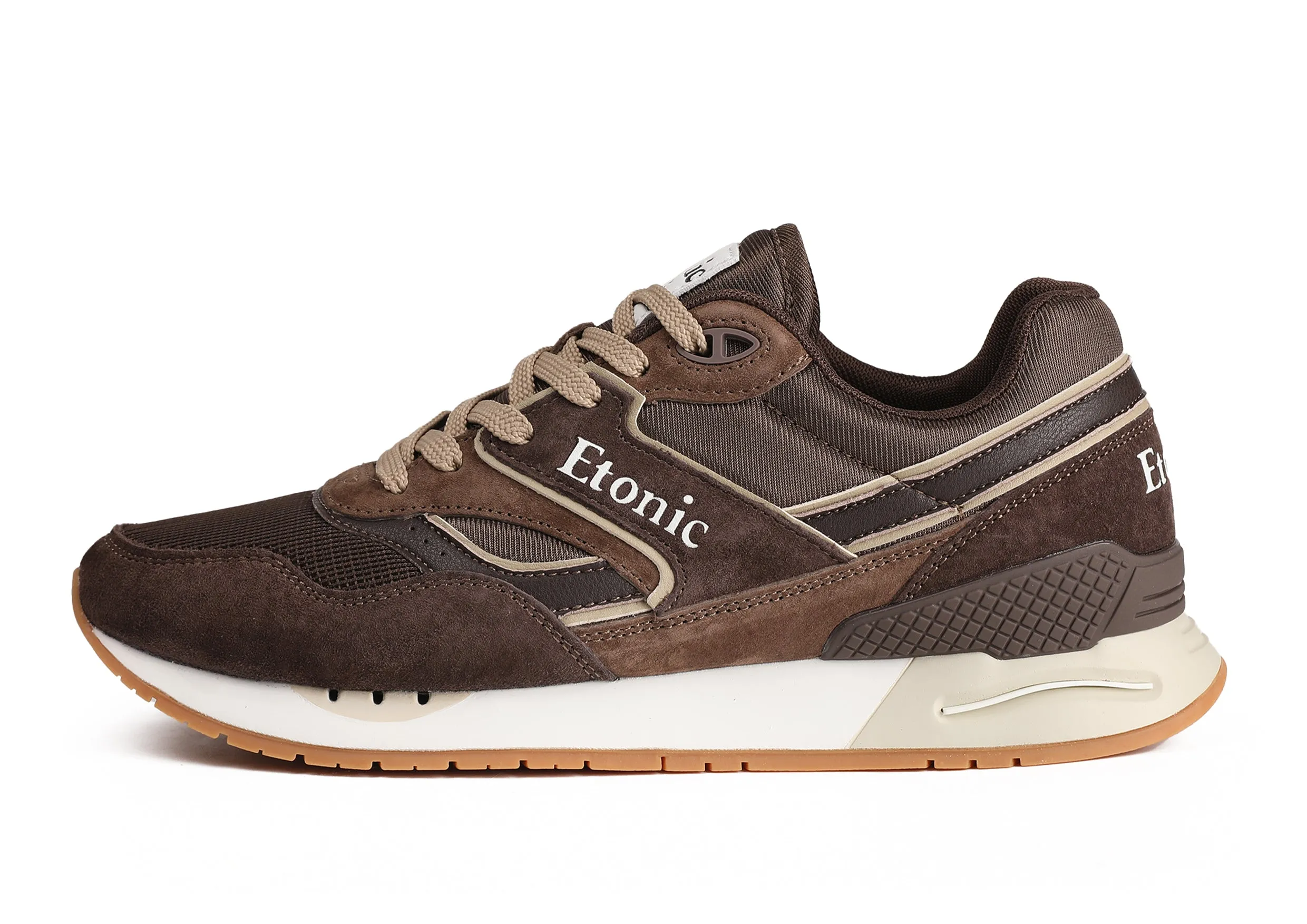 Etonic Stable Base sneakers in brown mesh fabric, brown suede with multi-layer brown leather inserts, off white midsole and light honey bottom outsole.