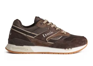 Etonic Stable Base sneakers in brown mesh fabric, brown suede with multi-layer brown leather inserts, off white midsole and light honey bottom outsole.