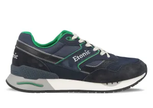 Etonic Stable Base sneakers in dark blue mesh fabric, dark blue suede with multi-layer tonal leather inserts and green details.