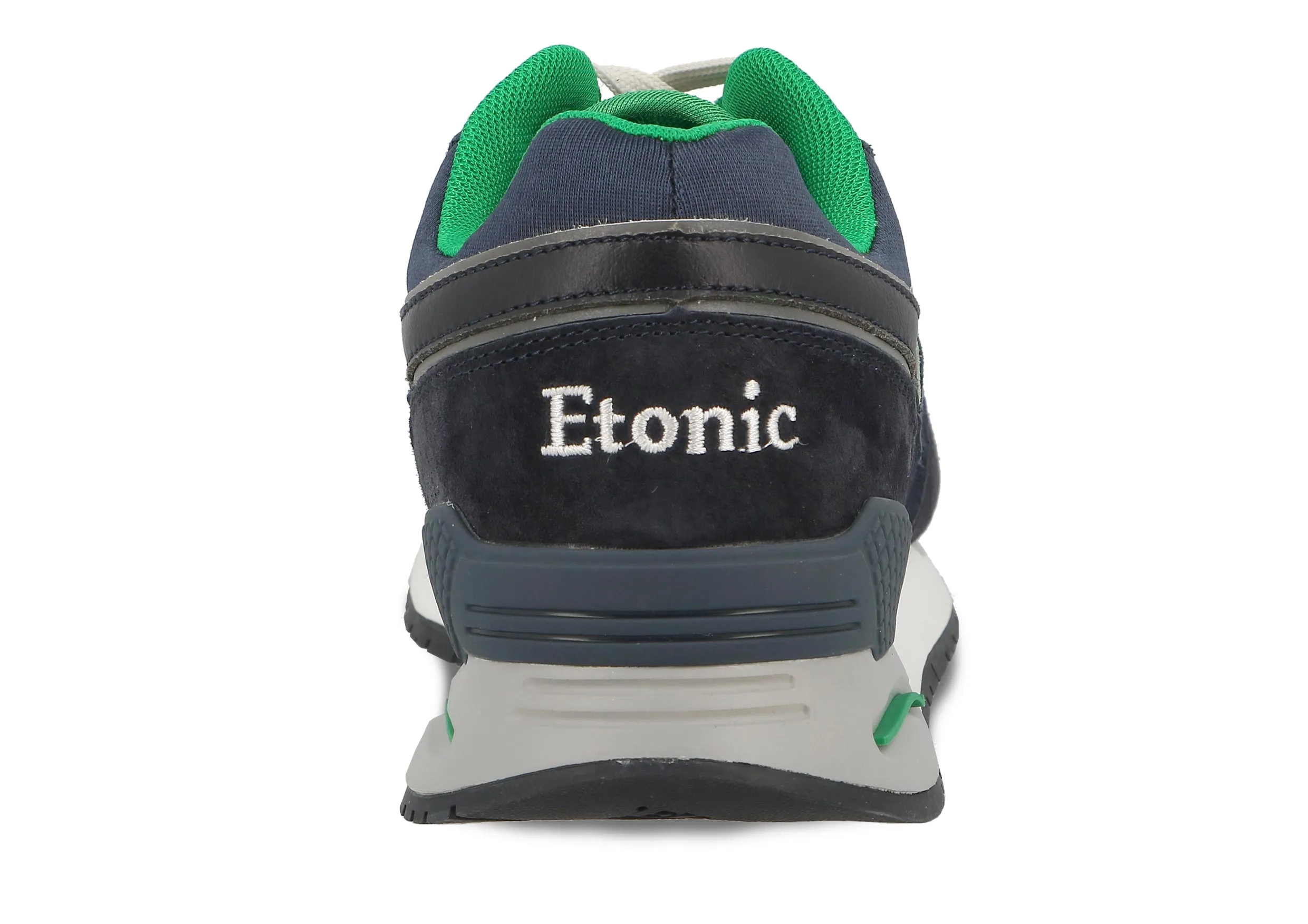 Etonic Stable Base sneakers in dark blue mesh fabric, dark blue suede with multi-layer tonal leather inserts and green details.