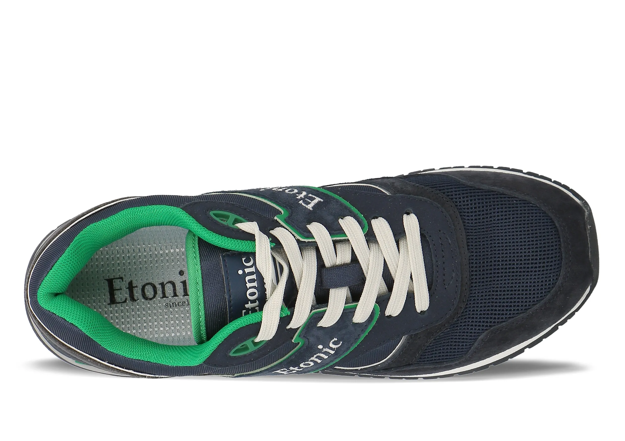 Etonic Stable Base sneakers in dark blue mesh fabric, dark blue suede with multi-layer tonal leather inserts and green details.