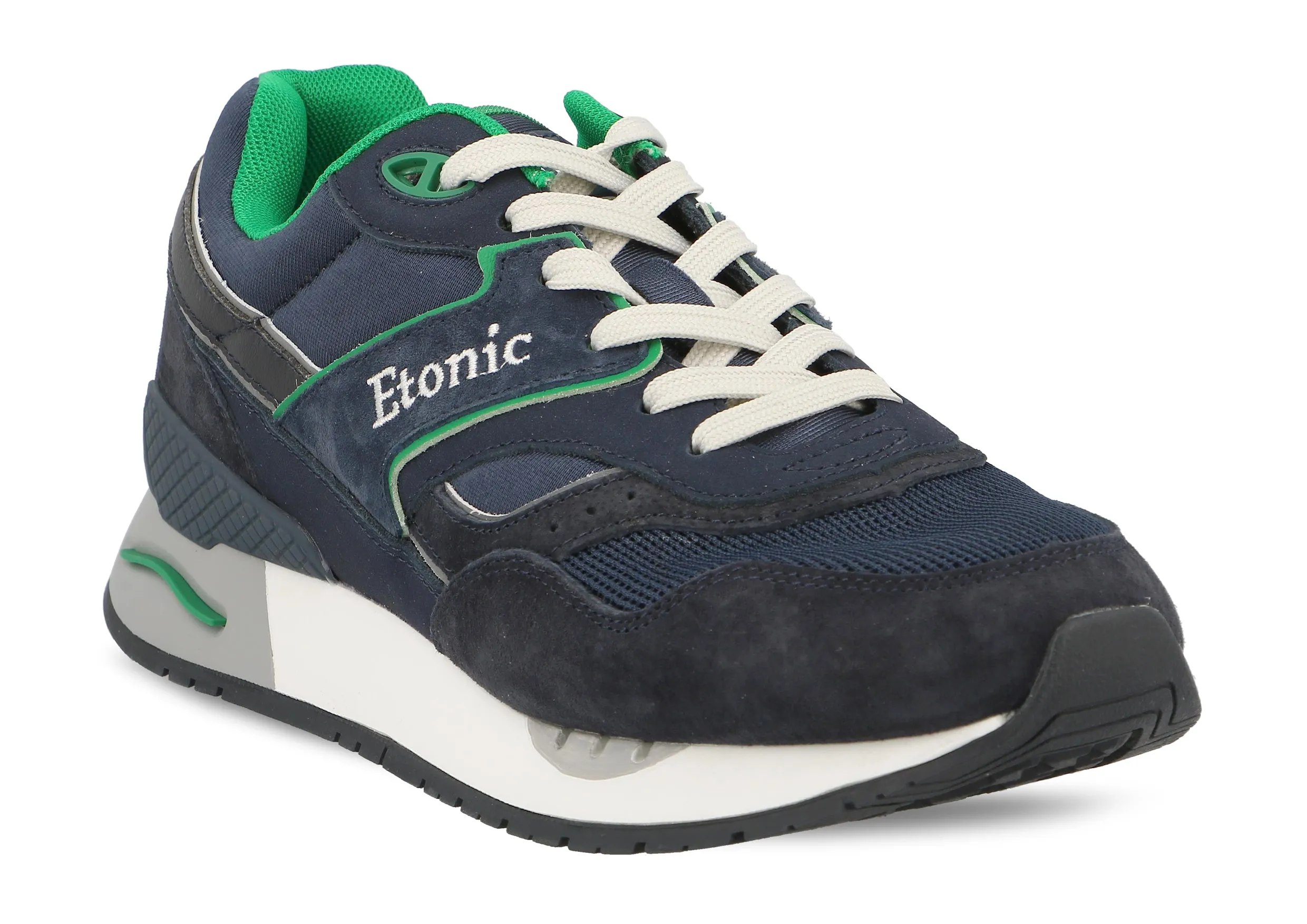 Etonic Stable Base sneakers in dark blue mesh fabric, dark blue suede with multi-layer tonal leather inserts and green details.