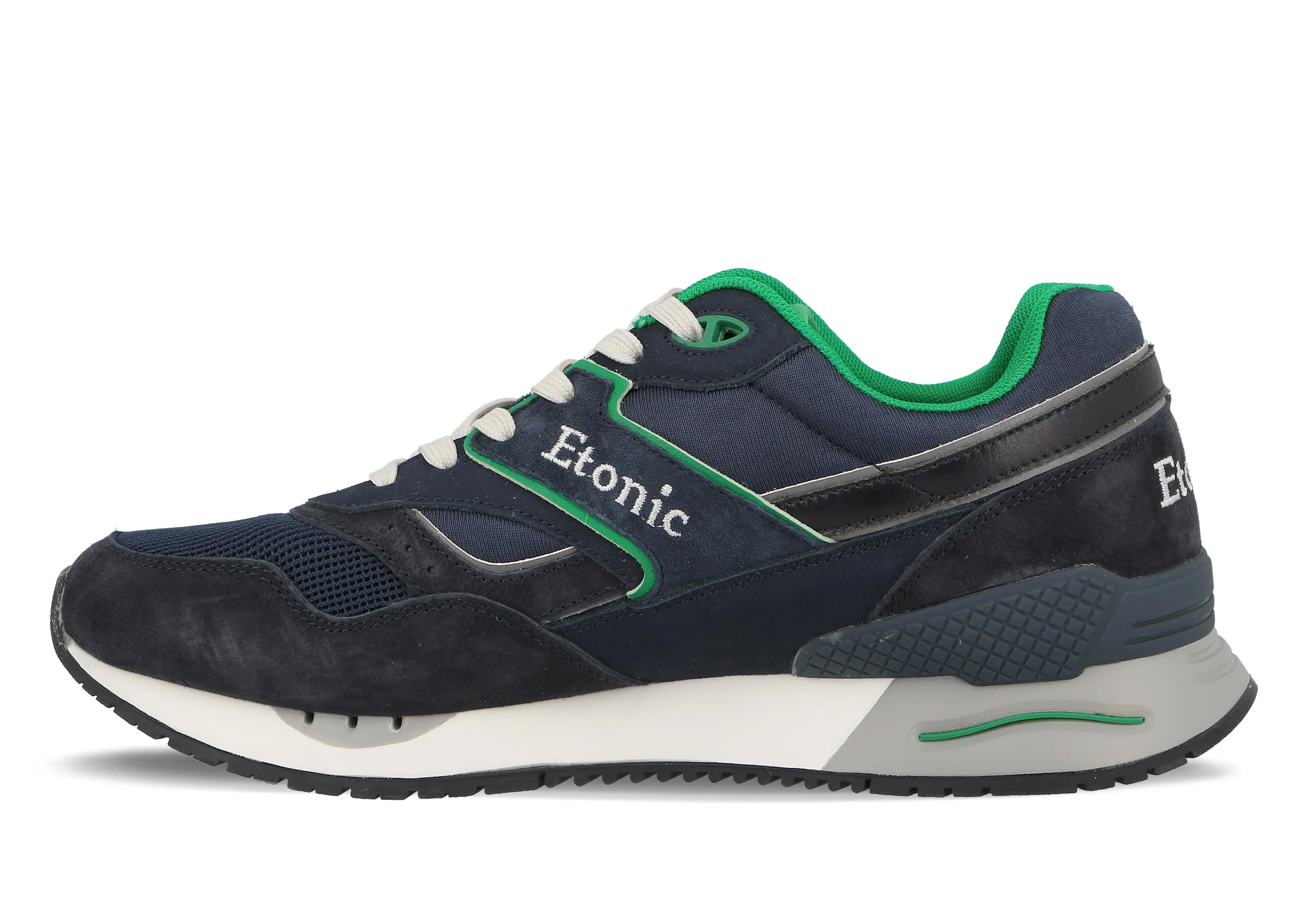 Etonic Stable Base sneakers in dark blue mesh fabric, dark blue suede with multi-layer tonal leather inserts and green details.