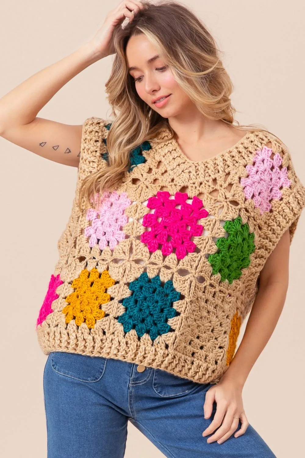 Explore More Collection - BiBi Granny Square Openwork Sweater Vest