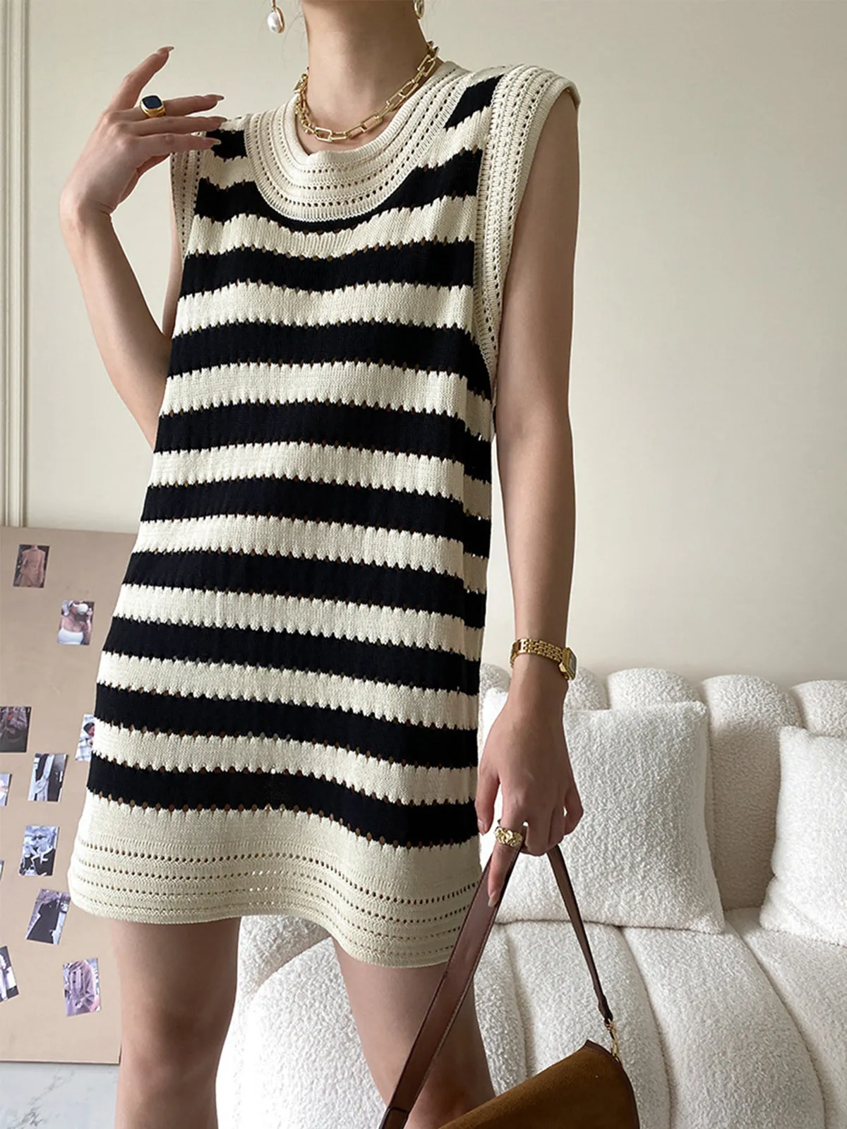 Eyelet Stripe Graceful Knit Short Dress