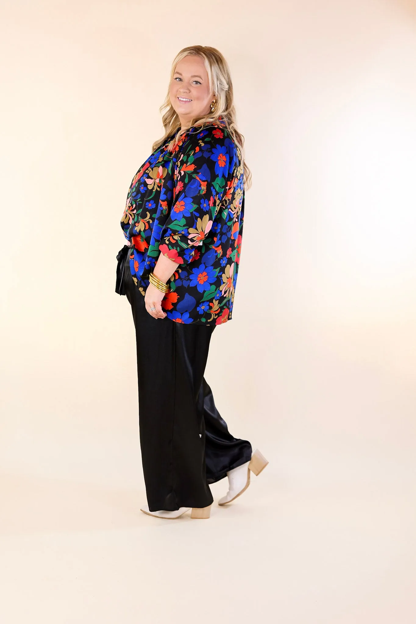 Falling For Floral 3/4 Sleeve Top with Notched Neck in Black