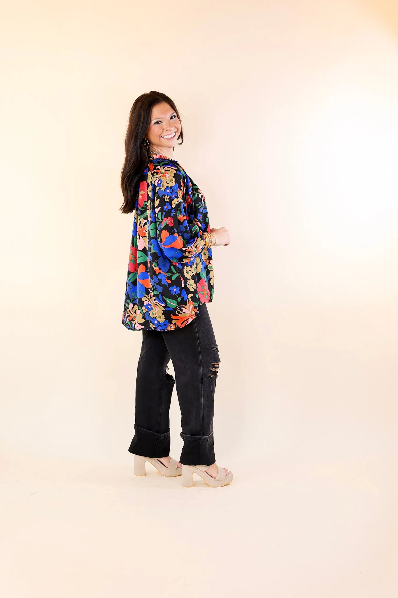 Falling For Floral 3/4 Sleeve Top with Notched Neck in Black