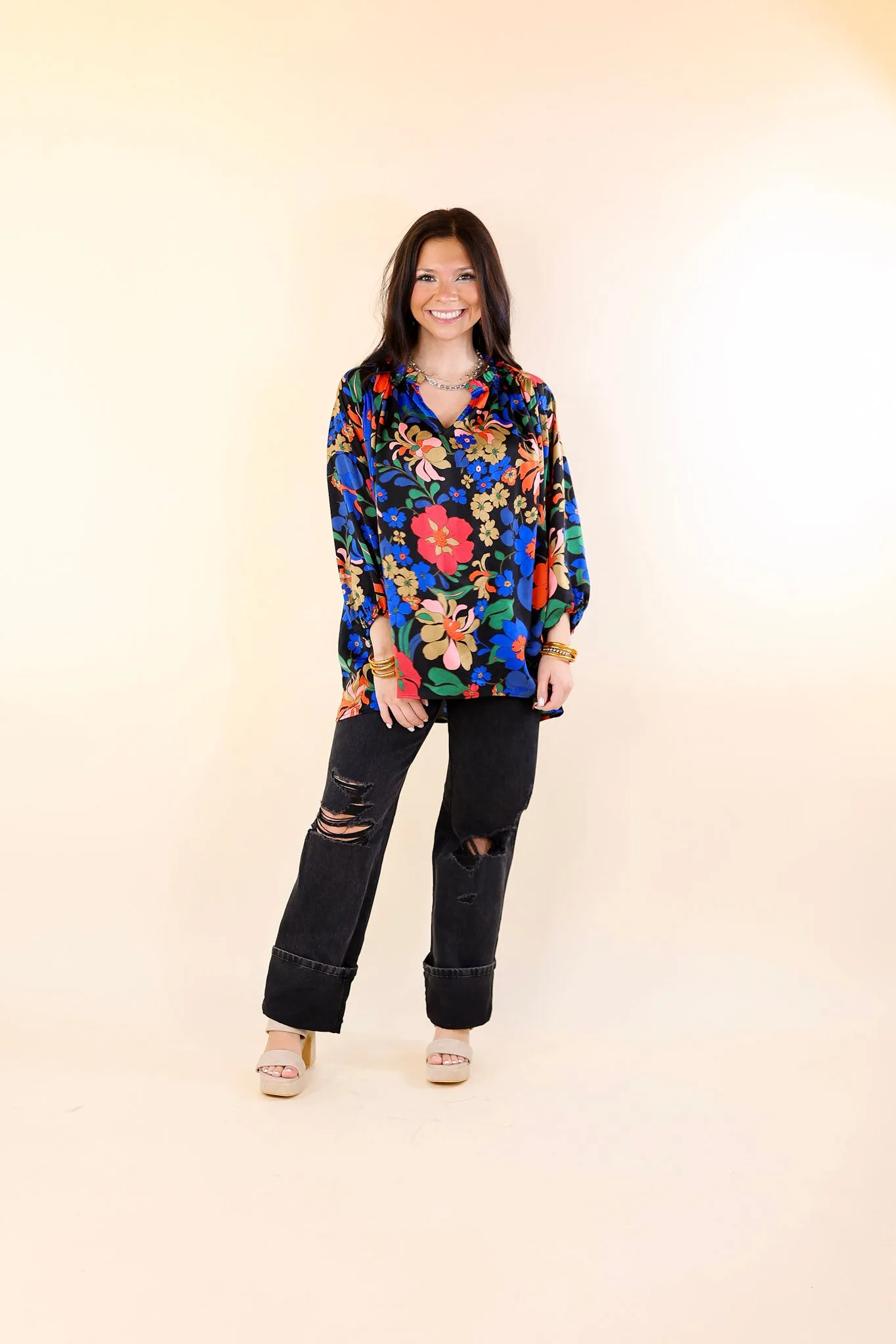 Falling For Floral 3/4 Sleeve Top with Notched Neck in Black