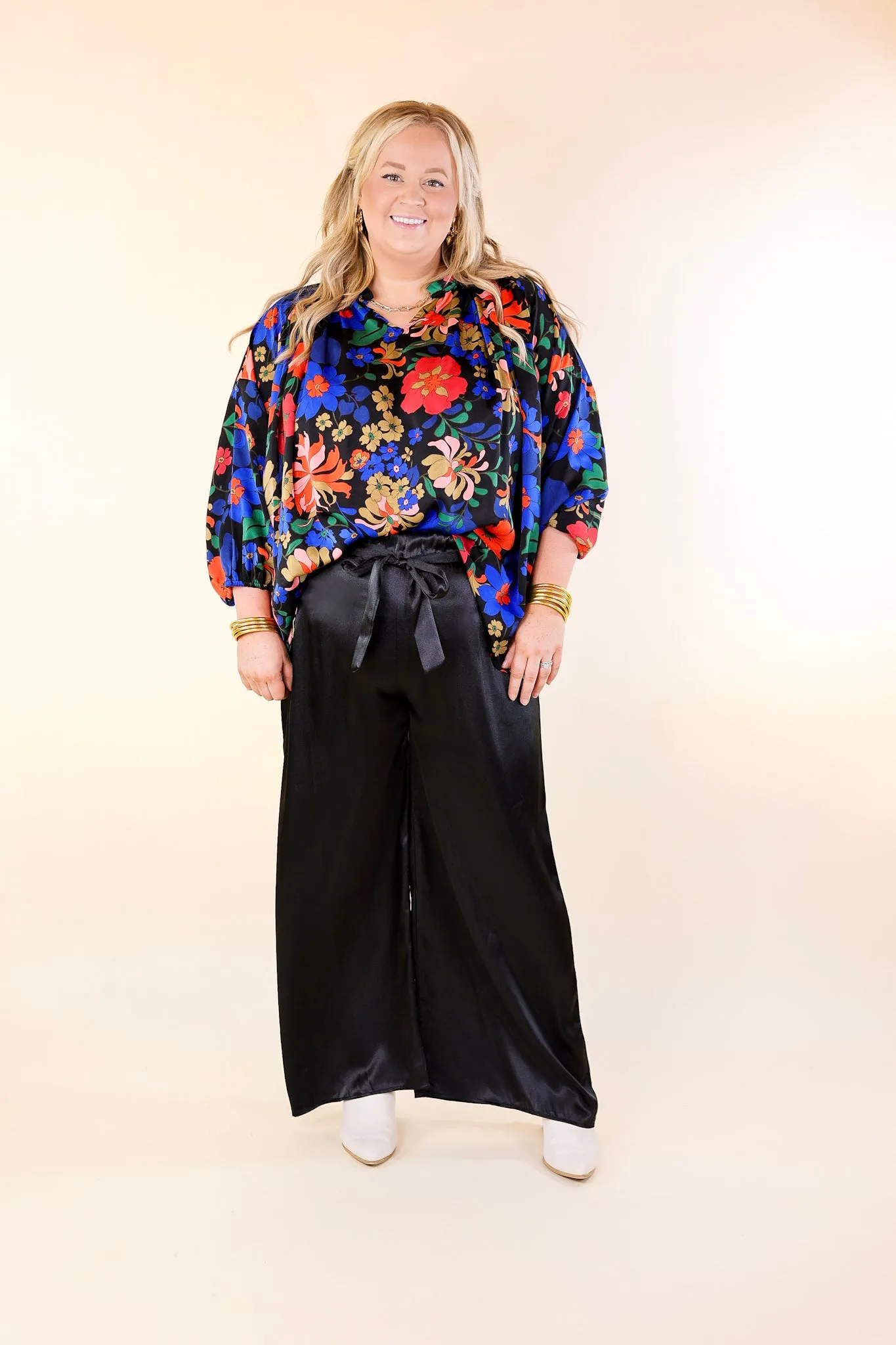 Falling For Floral 3/4 Sleeve Top with Notched Neck in Black